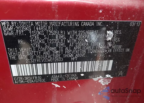 2013 Toyota Rav4 Le z USA, uszkodzony, nr VIN 2T3ZFREV0DW012603